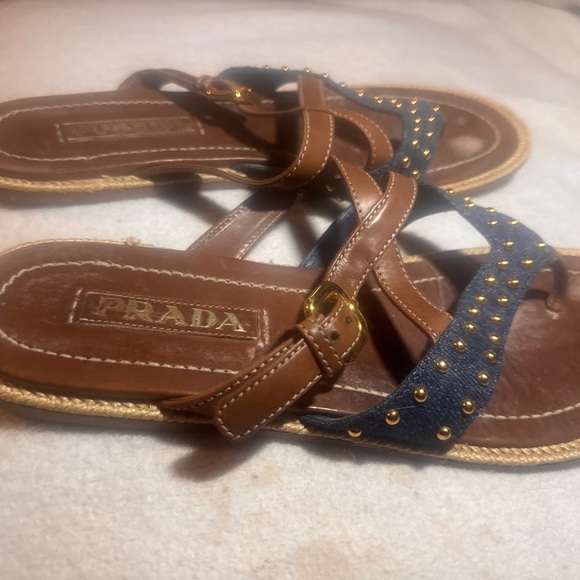 Prada Denim and Leather Tan and Blue Studded Sandals size 7 - Picture 10 of 10